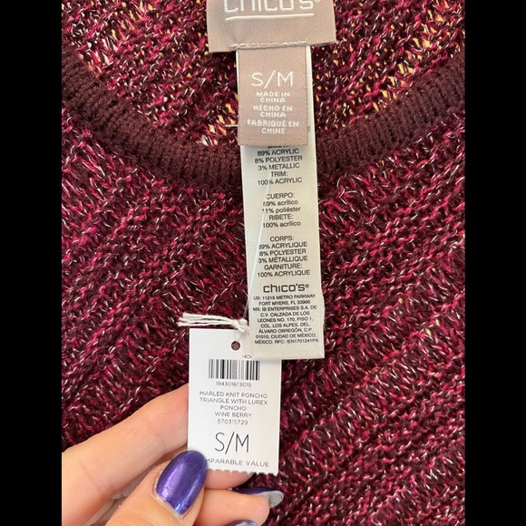 Chico’s Metallic Knit Triangle Poncho In Poppin Wine Berry - Picture 5 of 11